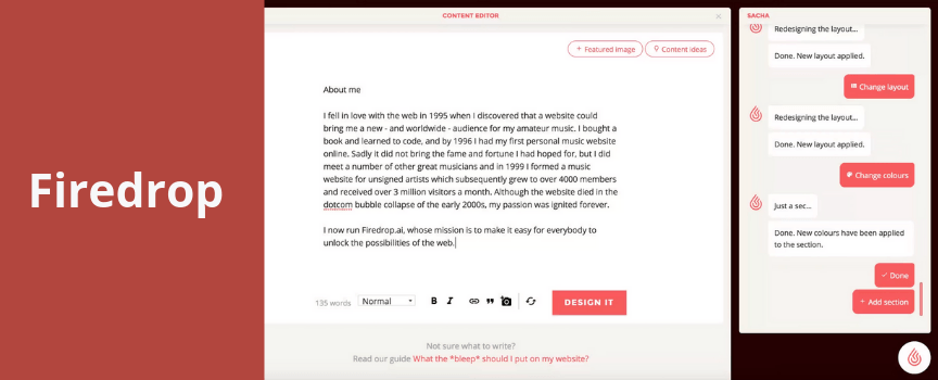 A screenshot of Firedrop, a web design AI