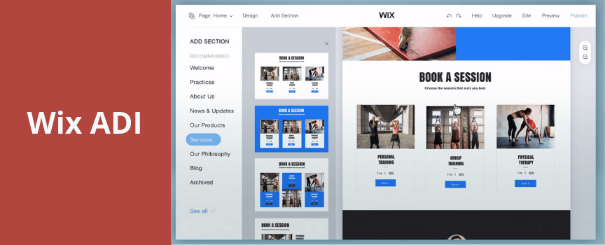 A screenshot of Wix ADI, a web design AI